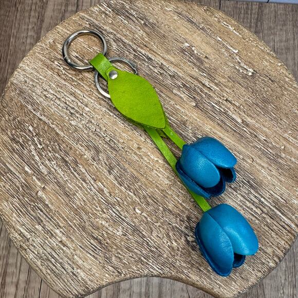 Leather Bright Blue Tulip Purse Charm Genuine Leather Tulip Flower Bag Charm - Picture 6 of 6